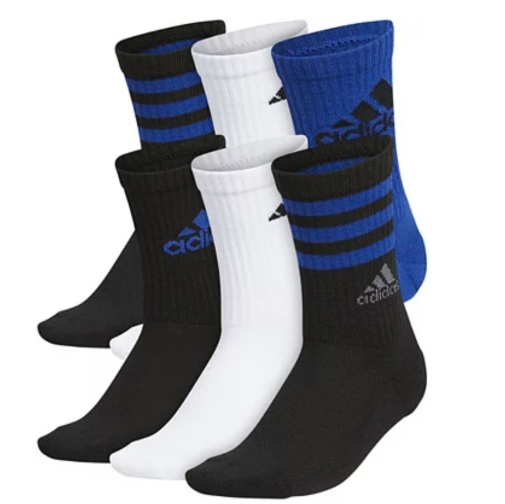 2 Packs ADIDAS Youth Cushioned Mixed Crew Socks - 2- 6 Packs Blue Black White